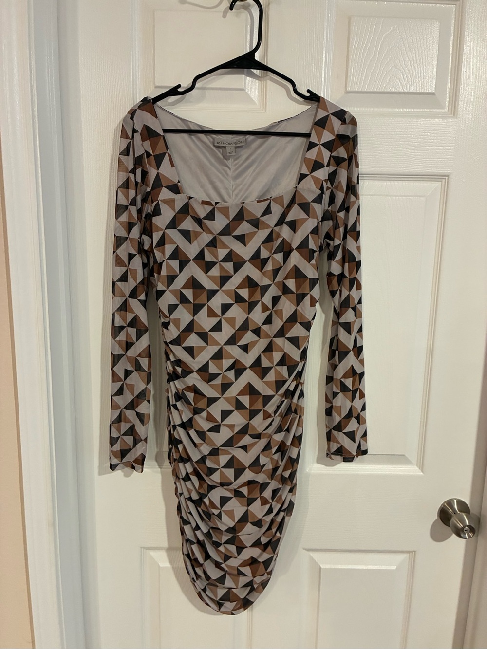 12Thompson Geometric Ruched Long-Sleeve Dress in Brown, Gray and Black